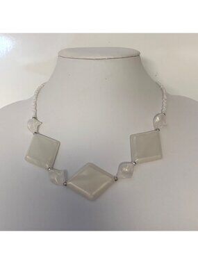 White Lucite Geometric Square Bead Necklace Retro Mod Statement Jewelry